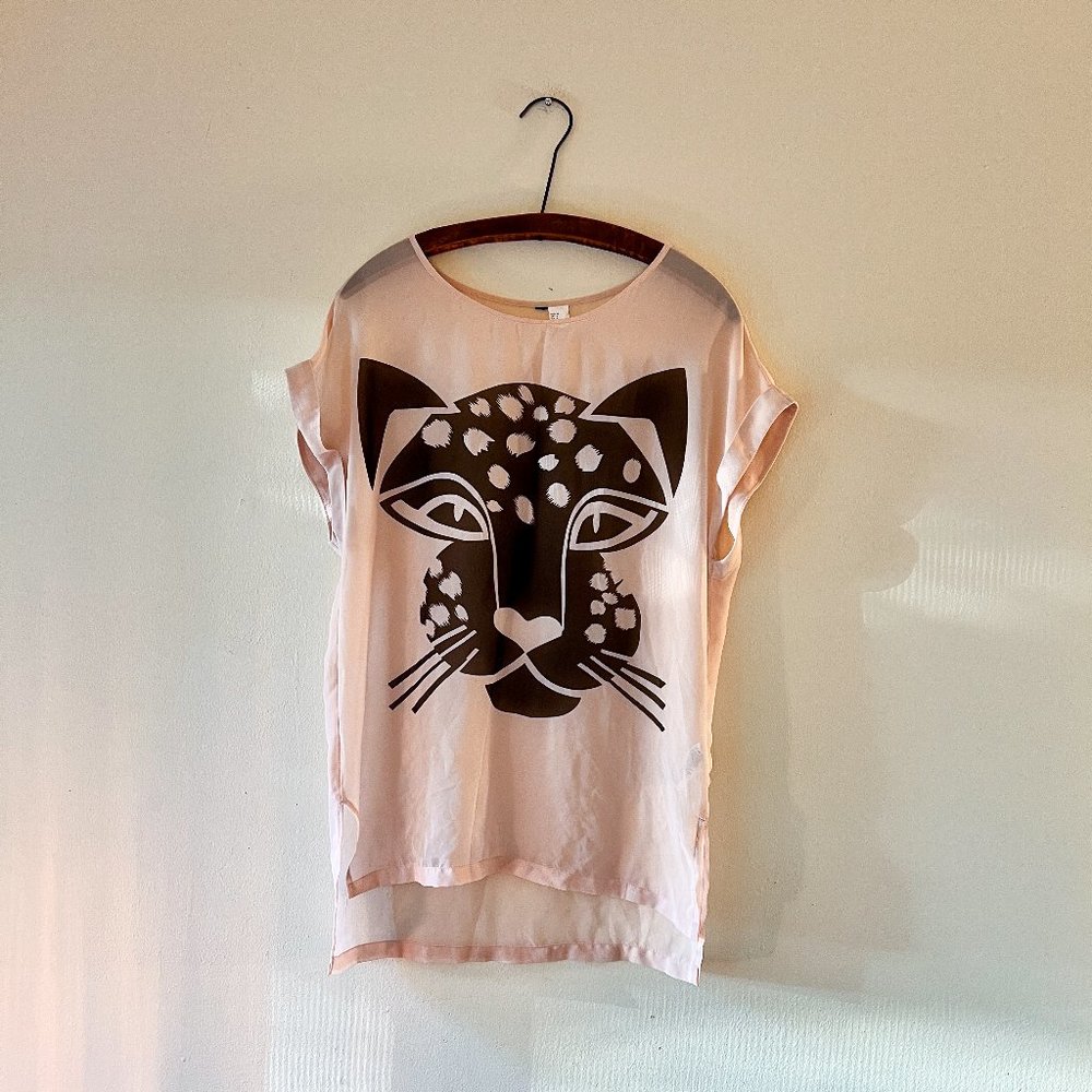 Beige Vintage H&M Big Cat Leopard Geometric Graphic Sheer Tunic Size 4
